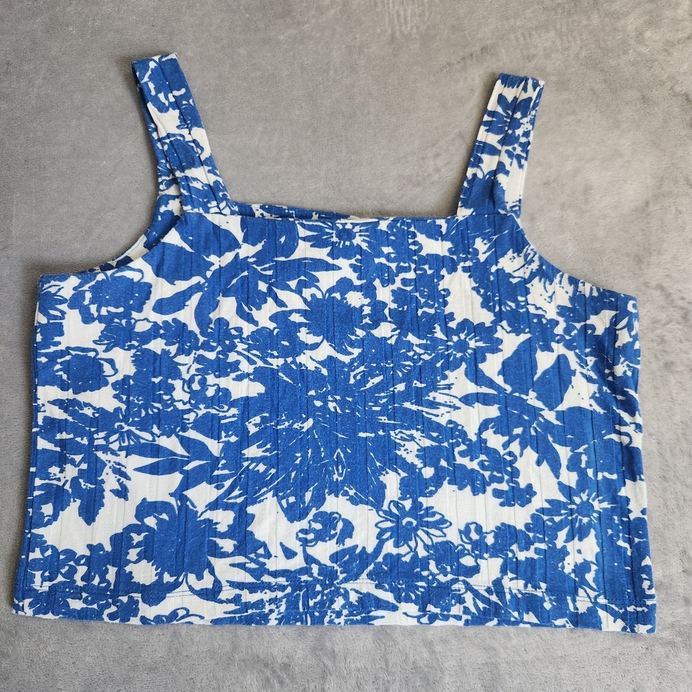 Amour Vert Blue Floral Ribbed Crop Tank Top XS Modal Spandex USA Anthropologie